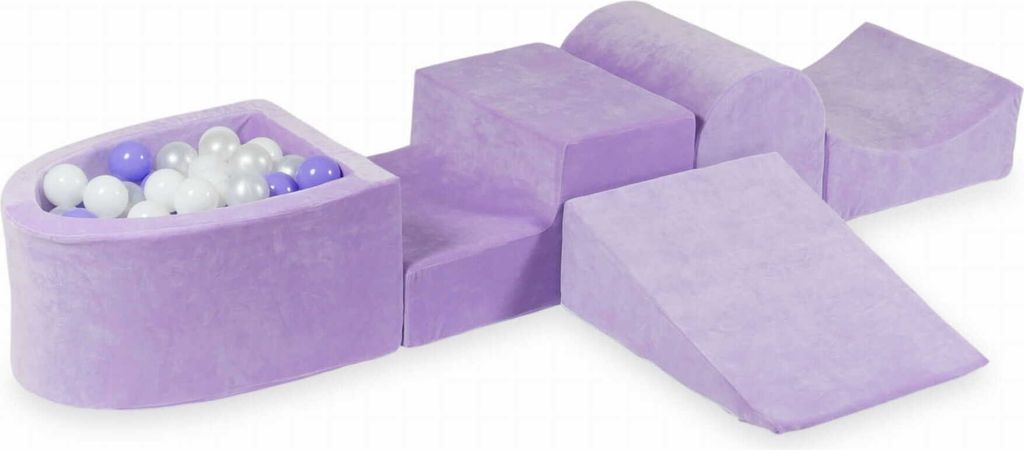 Schaumstoff-Spielset mit Hügel und Mikro-Bällepool – Samtig weiches Lila + 100 Bällebadbälle / Weiß, Perlmutt, Heidekraut