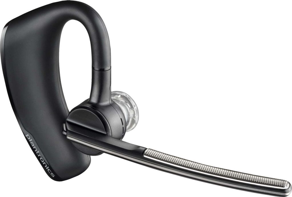 A black Plantronics Voyager Legend Bluetooth headset is shown against a white background.