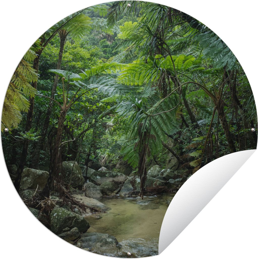 MuchoWow Gartenposter Outdoor-Poster Rund Fluss im tropischen Dschungel Ø 120 cm Gartendeko Rundes Poster draußen