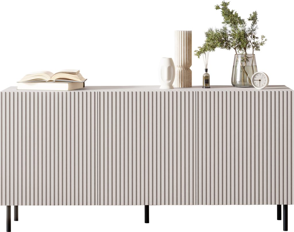 MIRJAN24 Sideboard Aruba 3D 156, Kommode mit drei Drehtüren, Metallfüße in der Farbe Schwarz (Farbe: Cashmere)