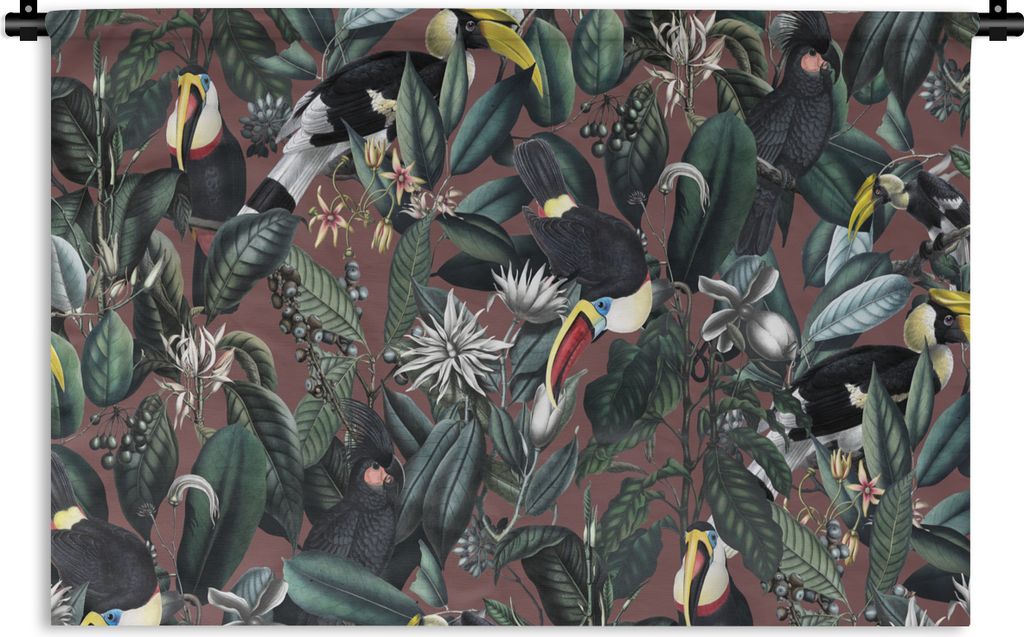 MuchoWow Wandteppich Wandbehang Blumen - Tukan - Blätter 90x60 cm Tapisserie Dekoration Wandtuch - Wandskulpturen - Bildteppich