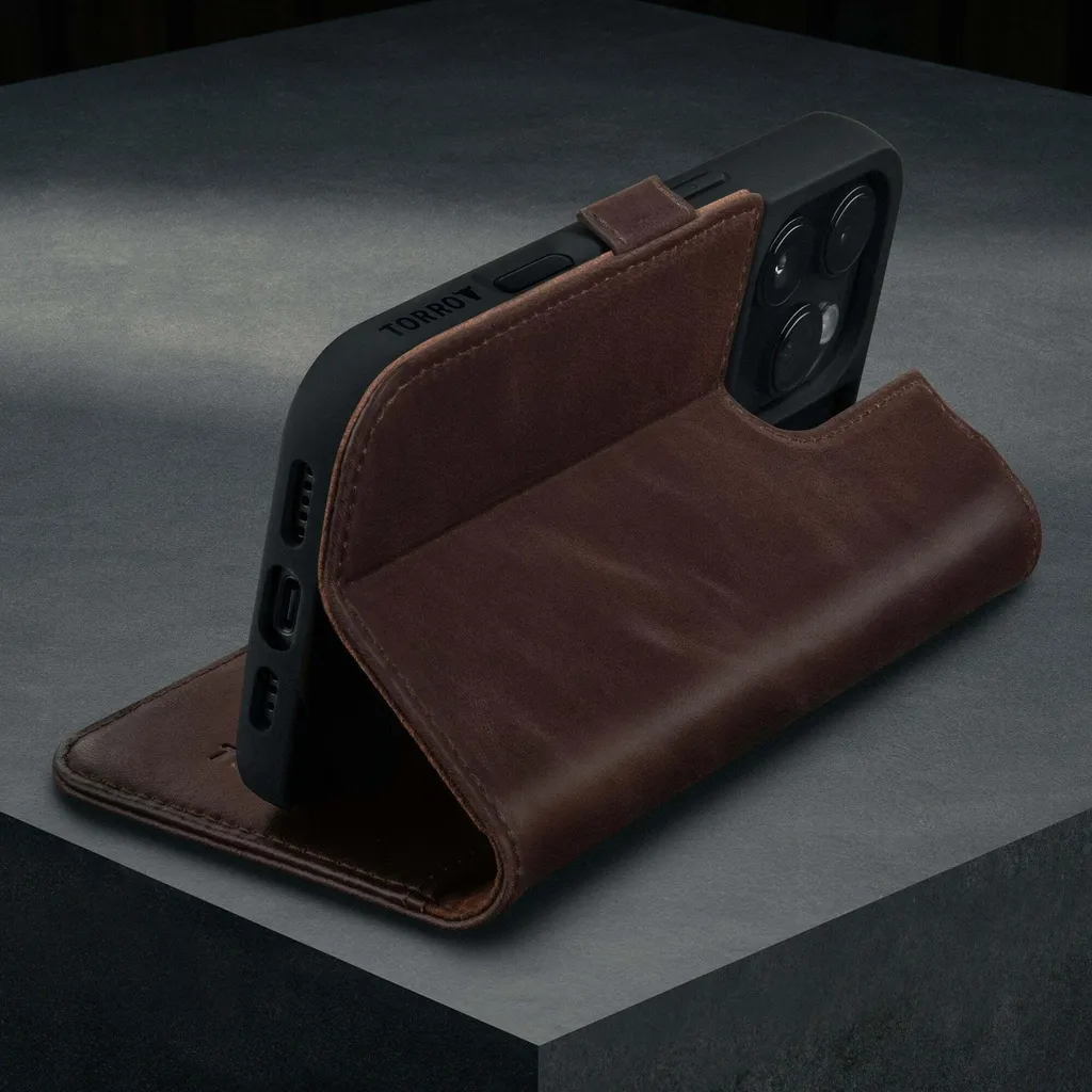 Coque iPhone 16 Pro Cuir Marron MagSafe avec Support Vidéo Horizontal - 2