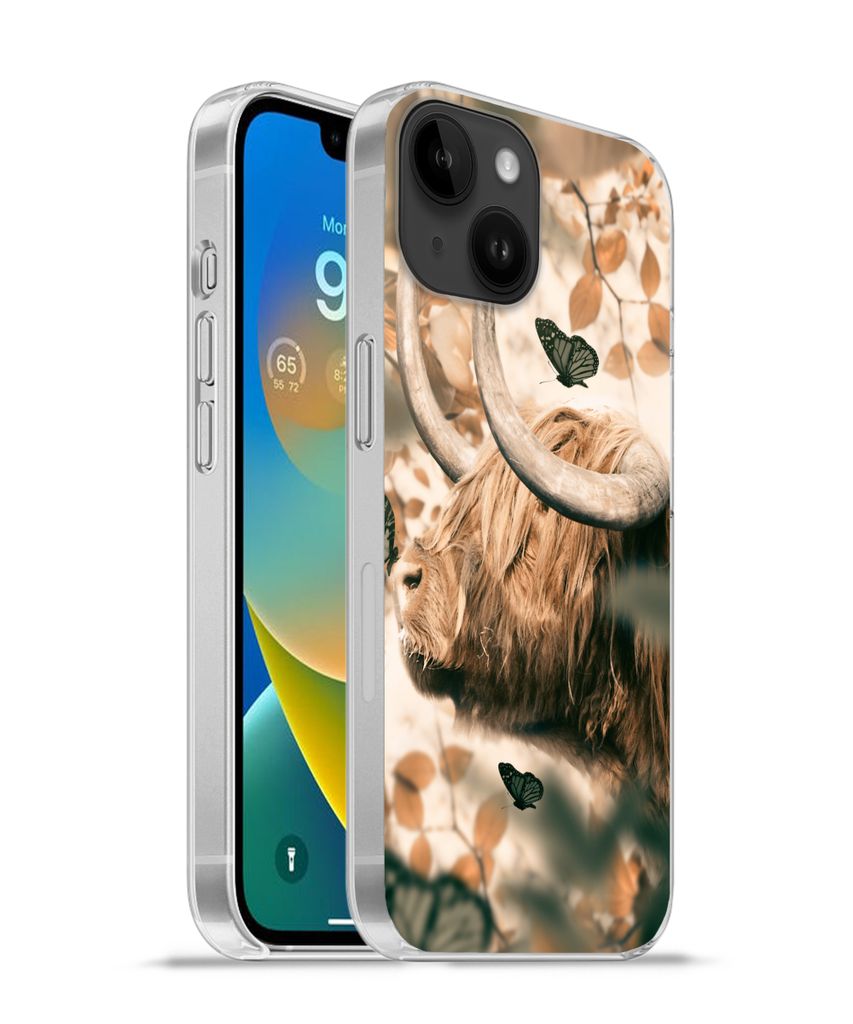 MuchoWow Handyhülle Schutzhülle Hülle für Apple iPhone 14 - Softcase Schottische Highlander - Schmetterlinge - Blätter Silikon Softcase Hand...