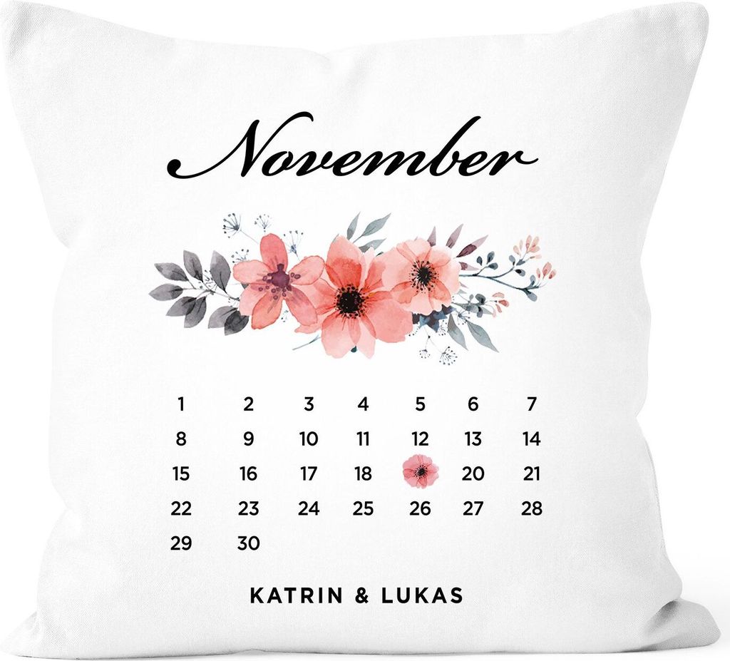 Kissen-Bezug Kalender Liebe personalisierbar Namen Datum Blumen Geschenk Valentinstag Jahrestag SpecialMe weiß 40cm x 40cm