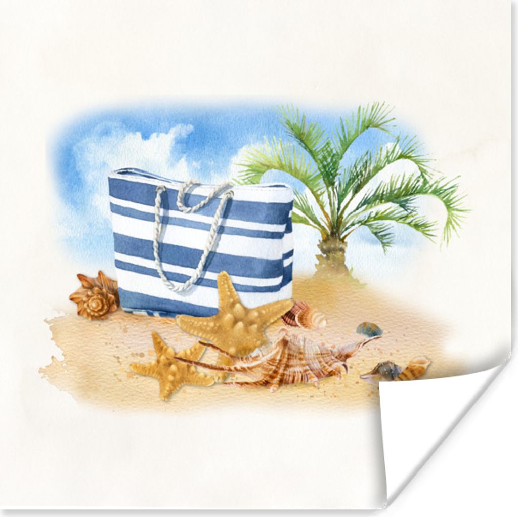 MuchoWow Poster Palme - Tasche - Muscheln 50x50 cm - Wohnzimmerdekoration
