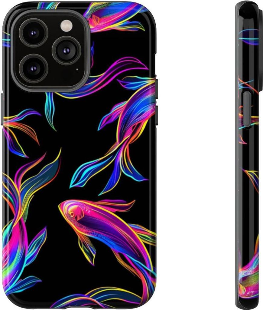 Leuchtende Neonfische auf Schwarz – Hülle Kompatibel mit iPhone 14 Pro Max