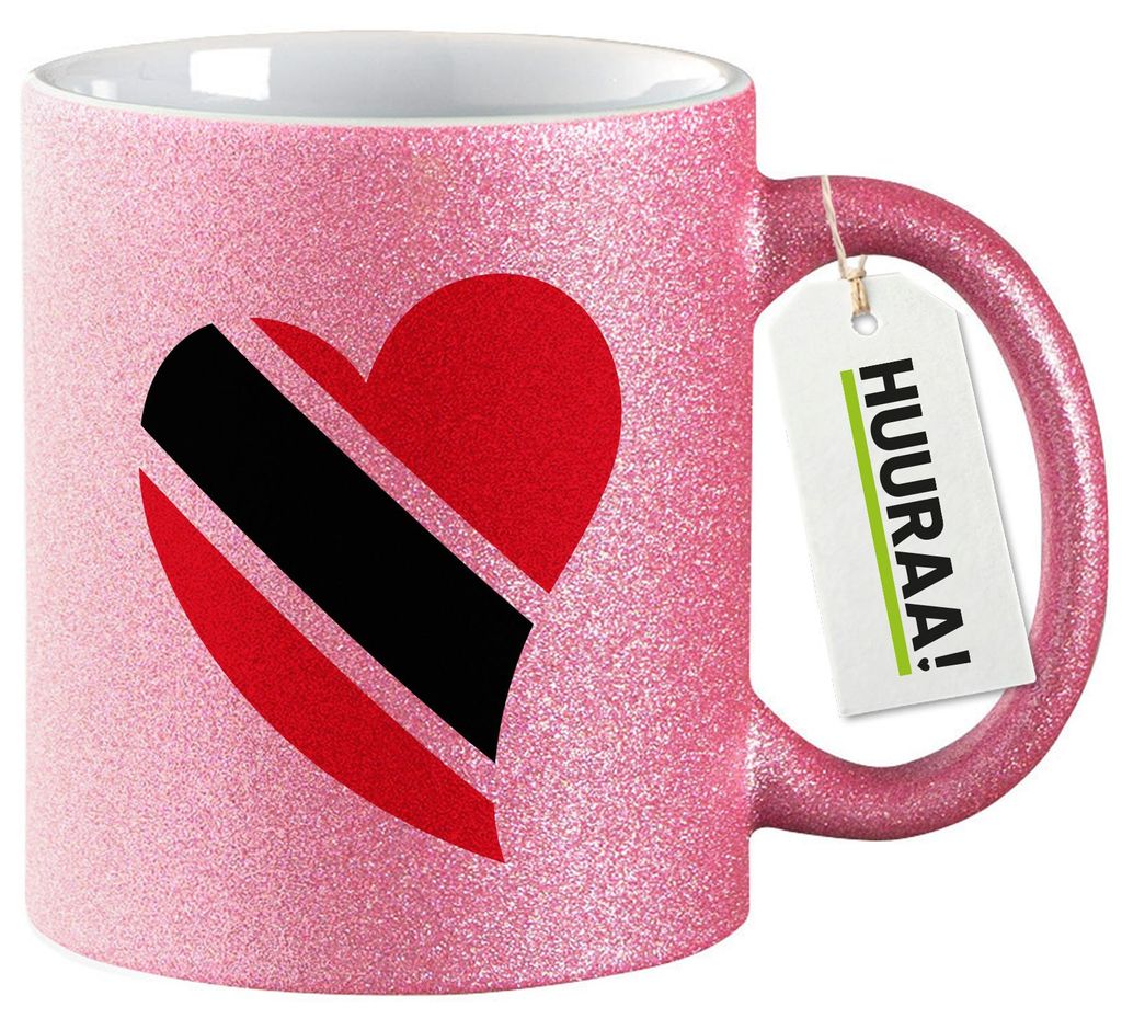 Huuraa Glitzertasse Trinidad und Tobago Flagge Herz 330ml Pink Keramik Kaffeebecher Geschenkidee