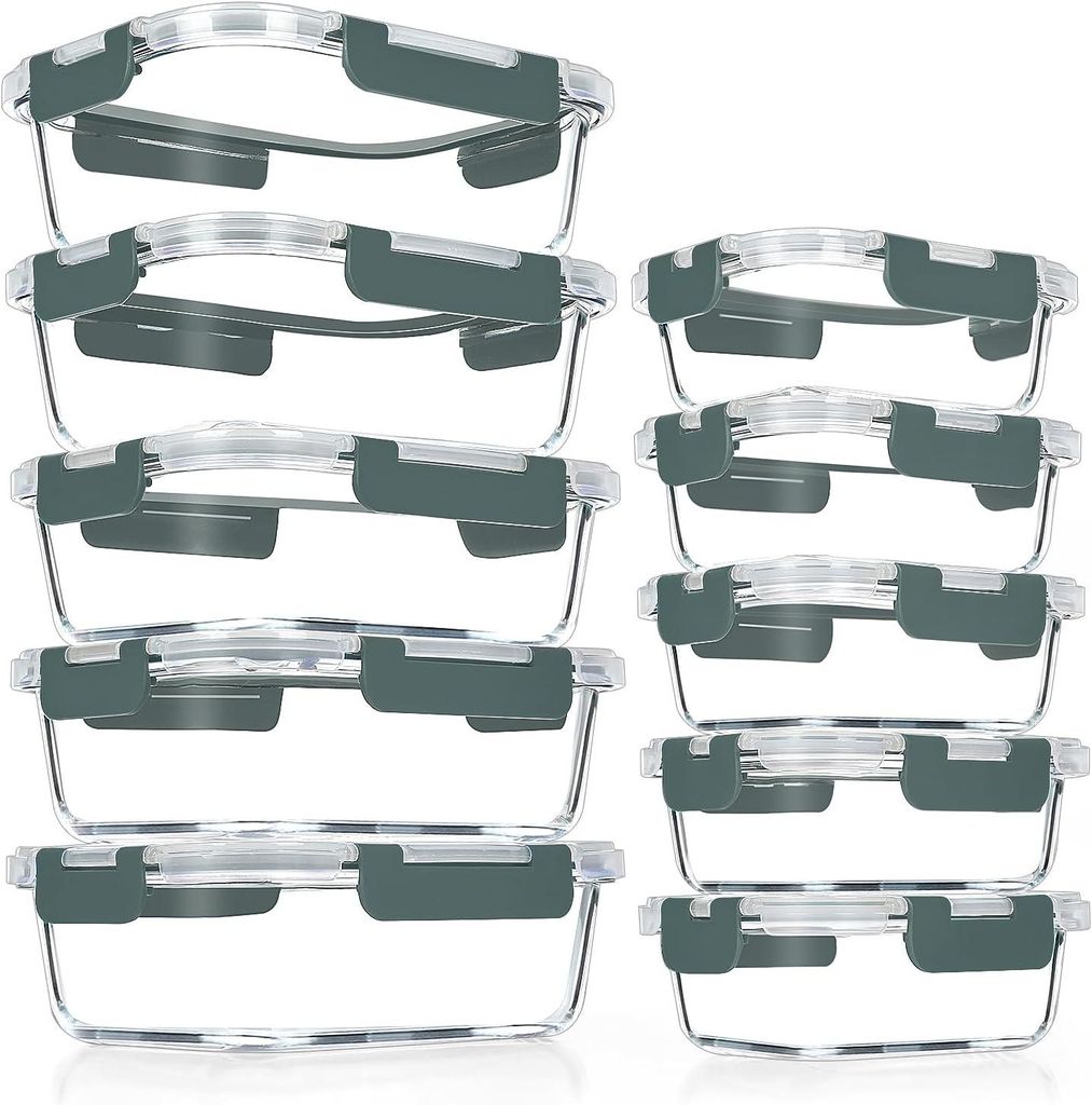 10 Stück Glas Crisper Set, luftdichte Glas-Lunchbehälter, Abgedichtete & stapelbare Glasbehälter mit Deckel, Gefrierschrank und Spülmaschine, Grau