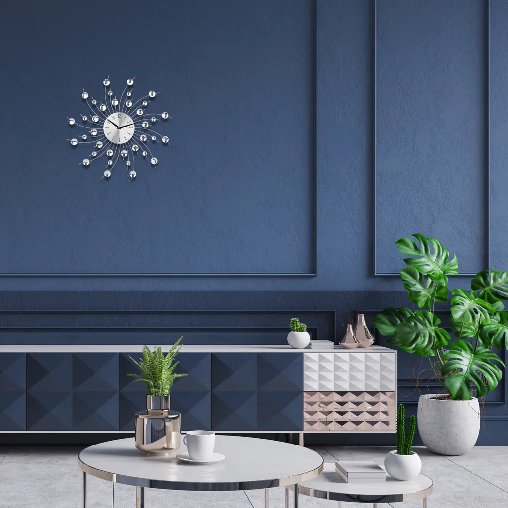 Relaxdays XL Orologio da Muro Argentato 50cm Design Cristalli