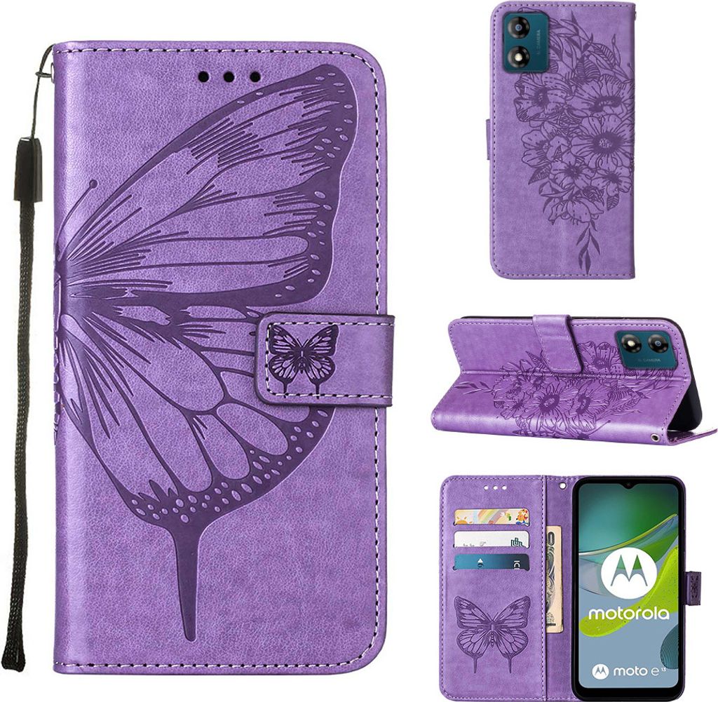Lederhülle für Motorola Moto E13 Schmetterling Prägung Flip Ledertasche Kartenfächer Handyhülle mit Ständer Violett