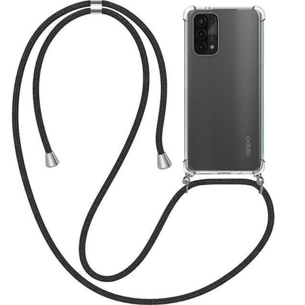 A smartphone with a clear case and a black lanyard is displayed against a white background.