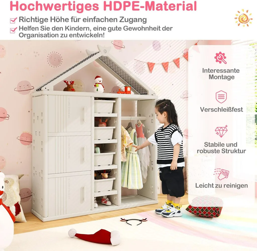 Armoire maison enfant avec penderie intégrée et étagère de rangement bas