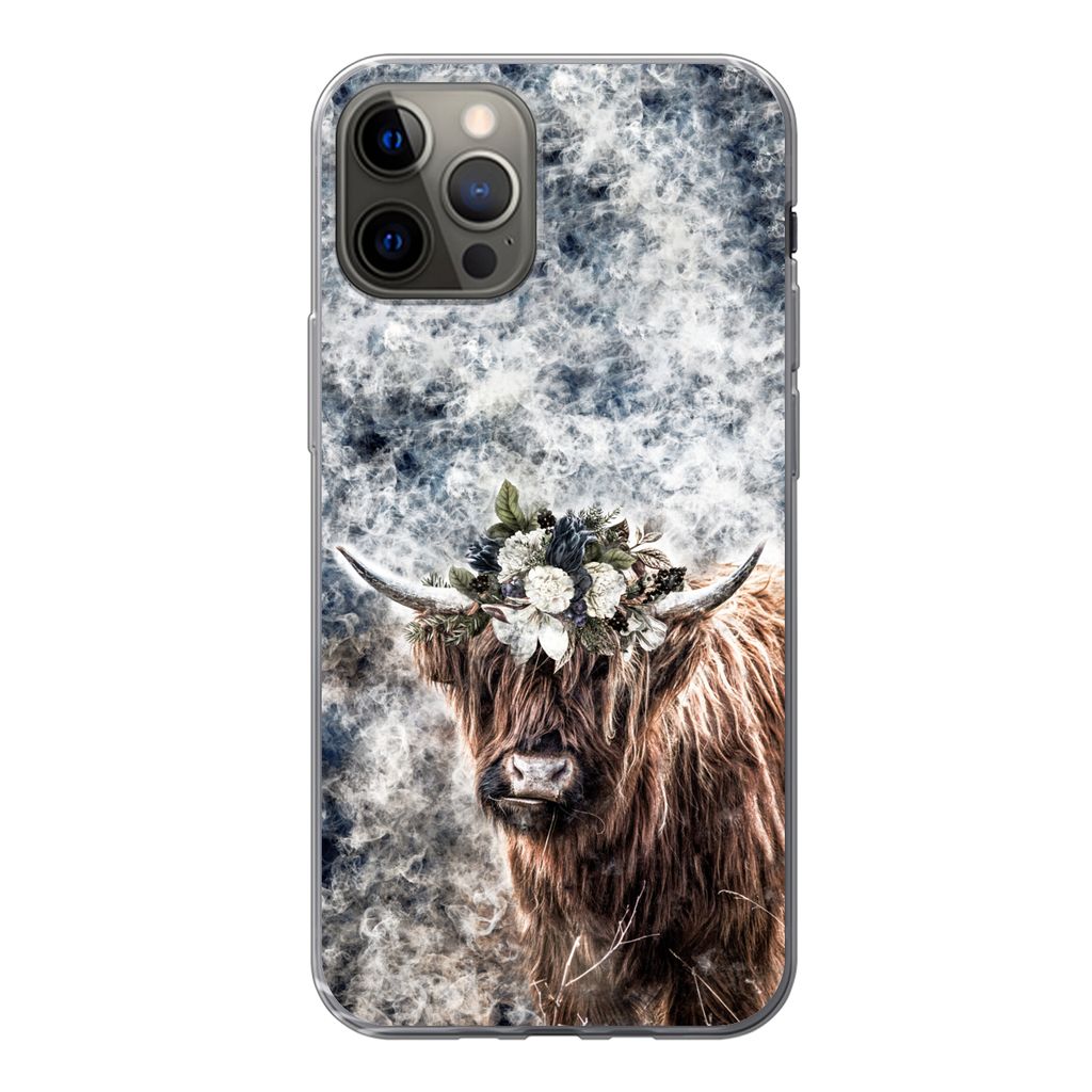 MuchoWow Handyhülle Schutzhülle Hülle für iPhone 13 Pro Schottischer Highlander - Rauch - Blumen Silikon Softcase Handy Hülle - Handy-Tasche