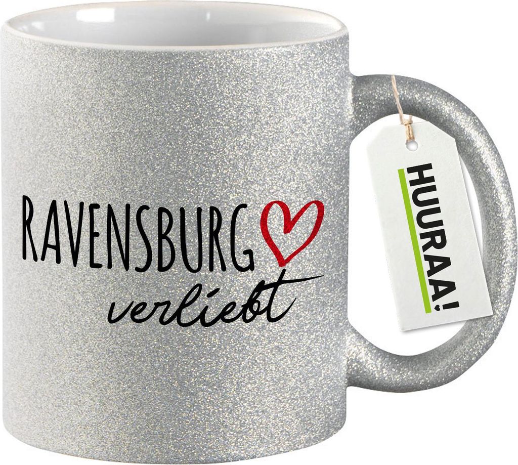 Huuraa Glitzertasse Ravensburg verliebt 330ml Silber Keramik Kaffeebecher Geschenkidee
