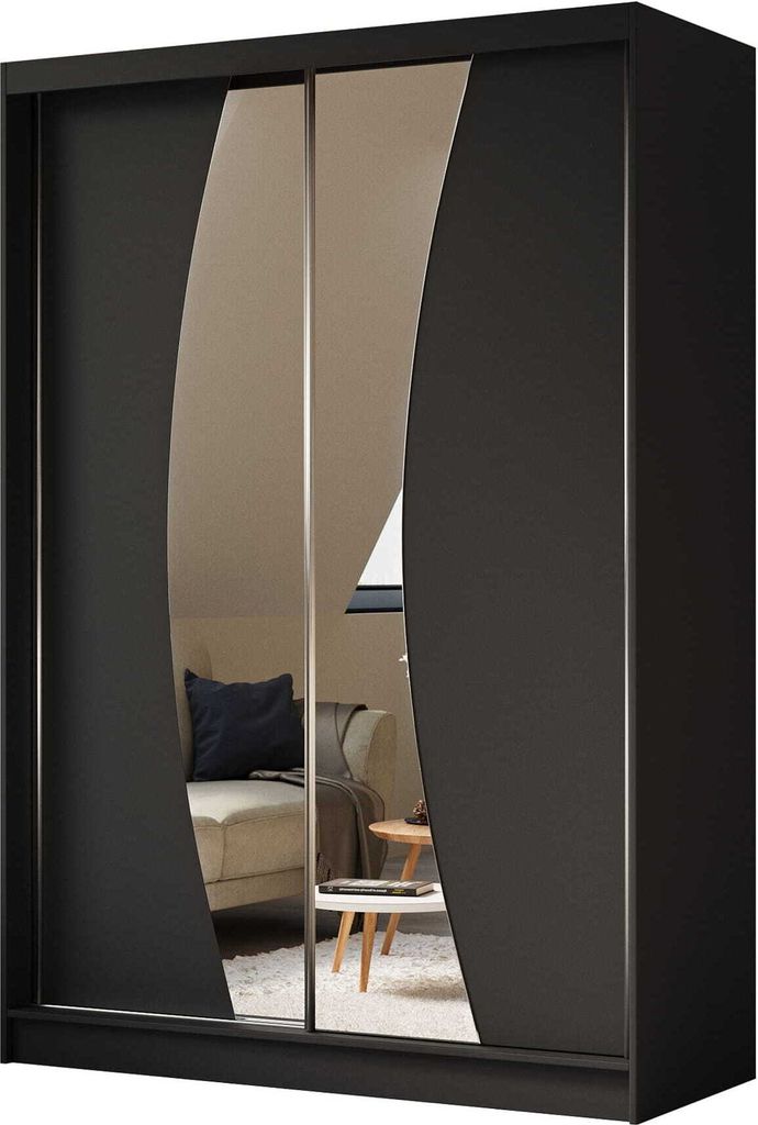 AGMAT Schwebetürenschrank Bergen, Kleiderschrank mit 2 Türen und Spiegel, Moderne Garderobe in Farbe: Schwarz / Schwarz, Schrank in Größe: 150 ...