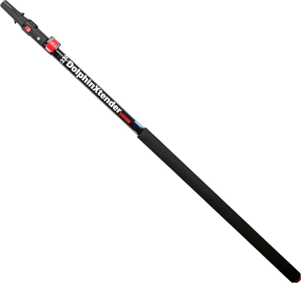 A telescopic pole with a black grip and red and blue accents, labeled 'DolphinXtender'.