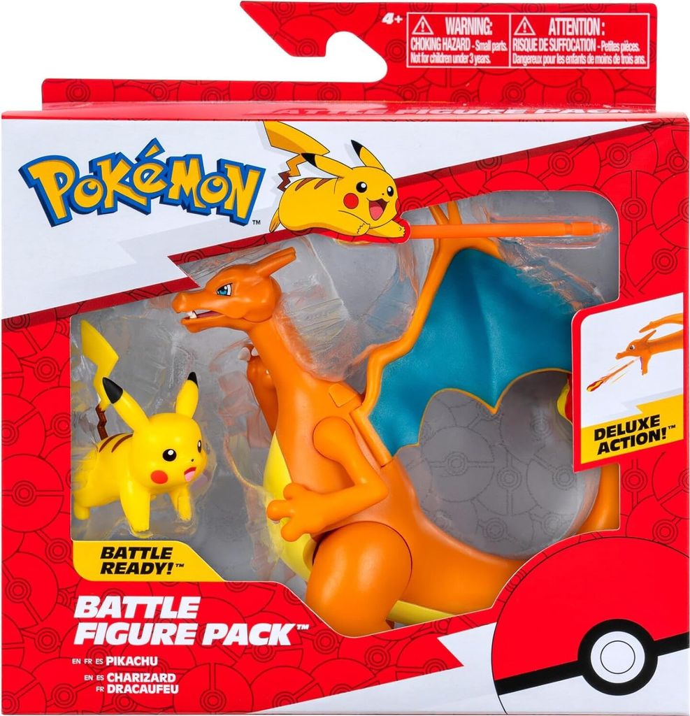 The image shows a Pokemon Battle Figure Pack featuring Charizard and Pikachu in their packaging.