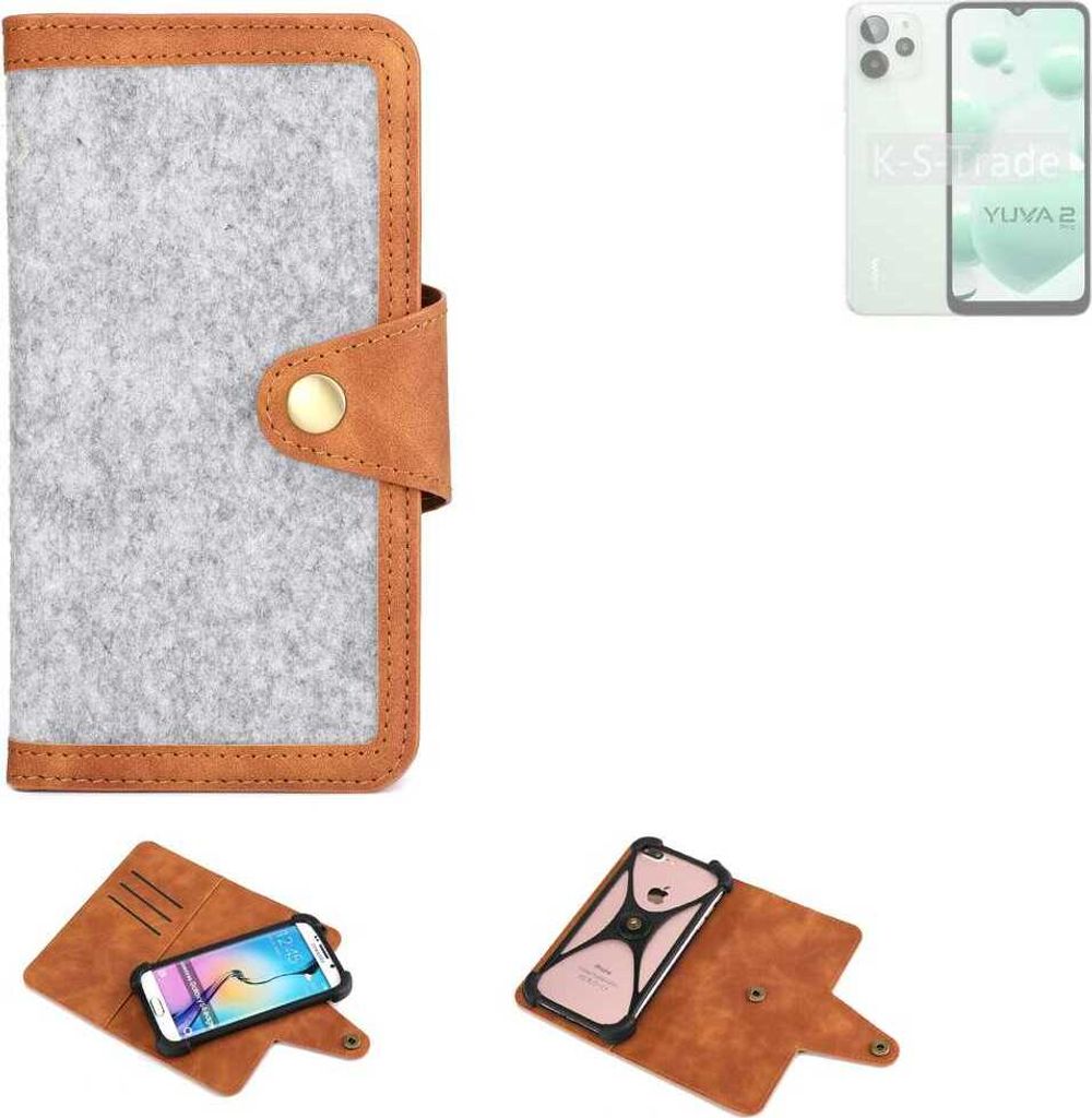 K-S-Trade Handyhülle kompatibel mit Lava Yuva 2 Pro Schutzhülle Filz-Hülle Kunst-Leder hellgrau braun (1x)