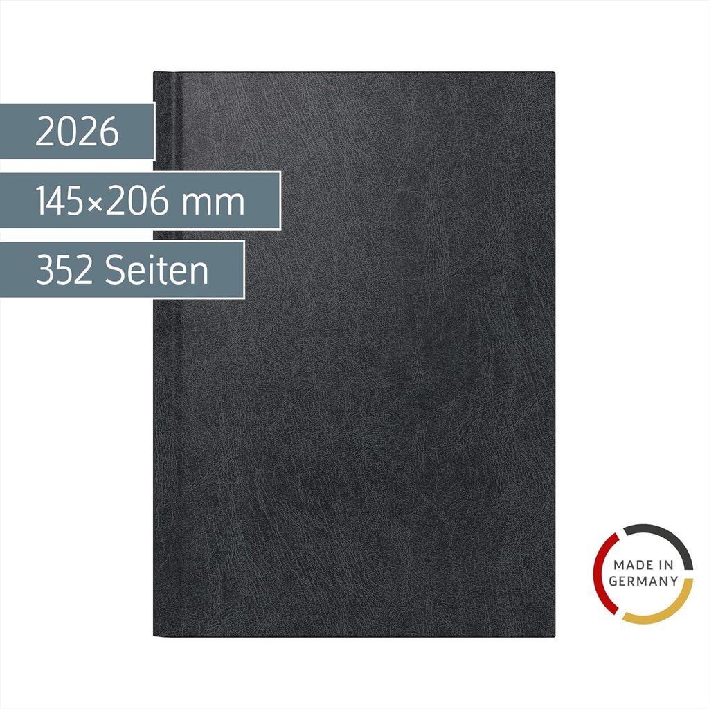 A black planner is shown against a white background with informational text overlays and a "Made in Germany" logo.