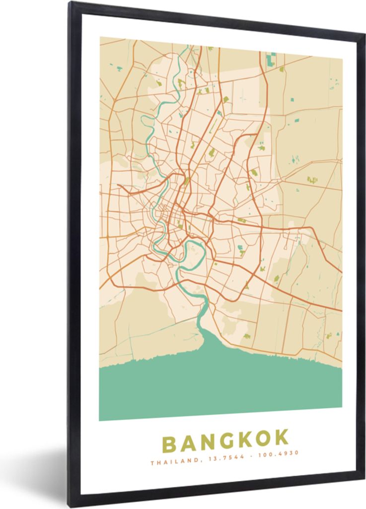 MuchoWow Gerahmtes Poster Bangkok - Karte - Vintage - Stadtplan 20x30 cm - Poster mit Schwarzem Bilderrahmen Wandposter Rahmen Foto Bilder - Druc...