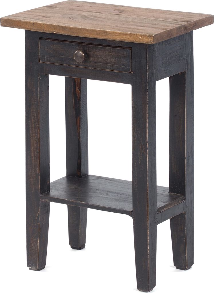 A dark wood side table with a single drawer and a lower shelf, presented against a white background.