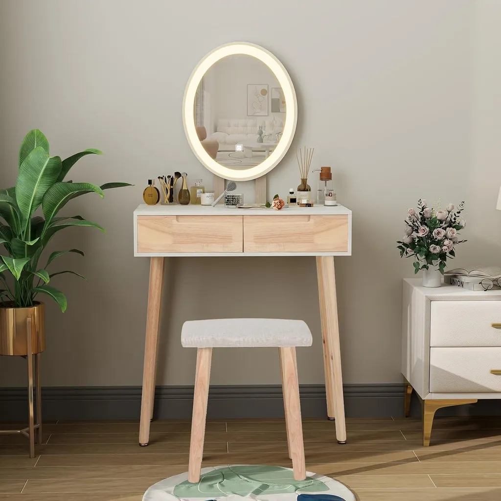 Coiffeuse avec éclairage LED réglable, miroir et 2 tiroirs - Modèle LUNA - 6