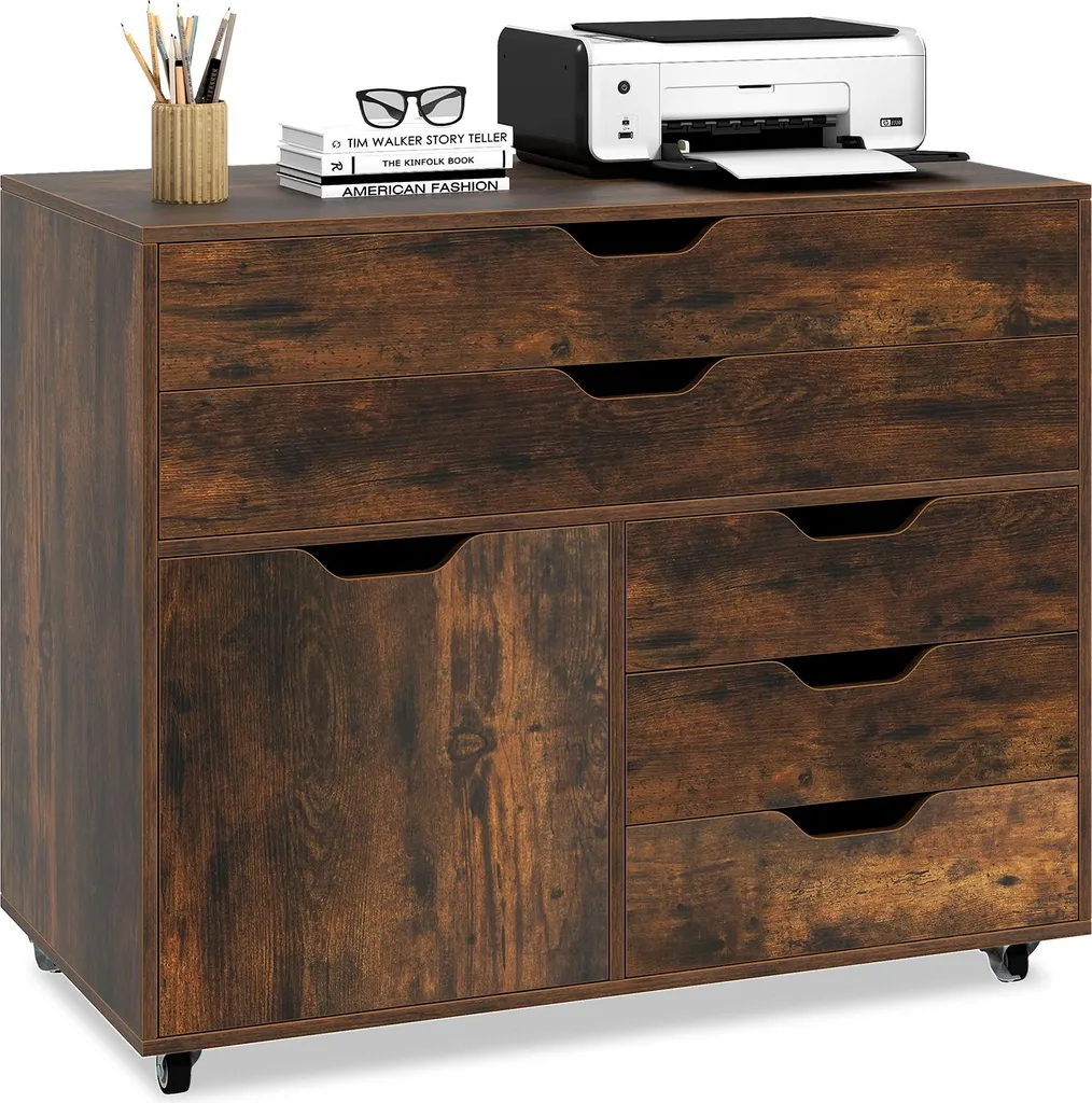 Optimisez votre espace : Caisson bureau 5 tiroirs marron à roulettes