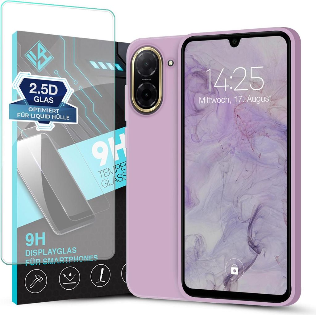 A phone case and screen protector are displayed next to each other.