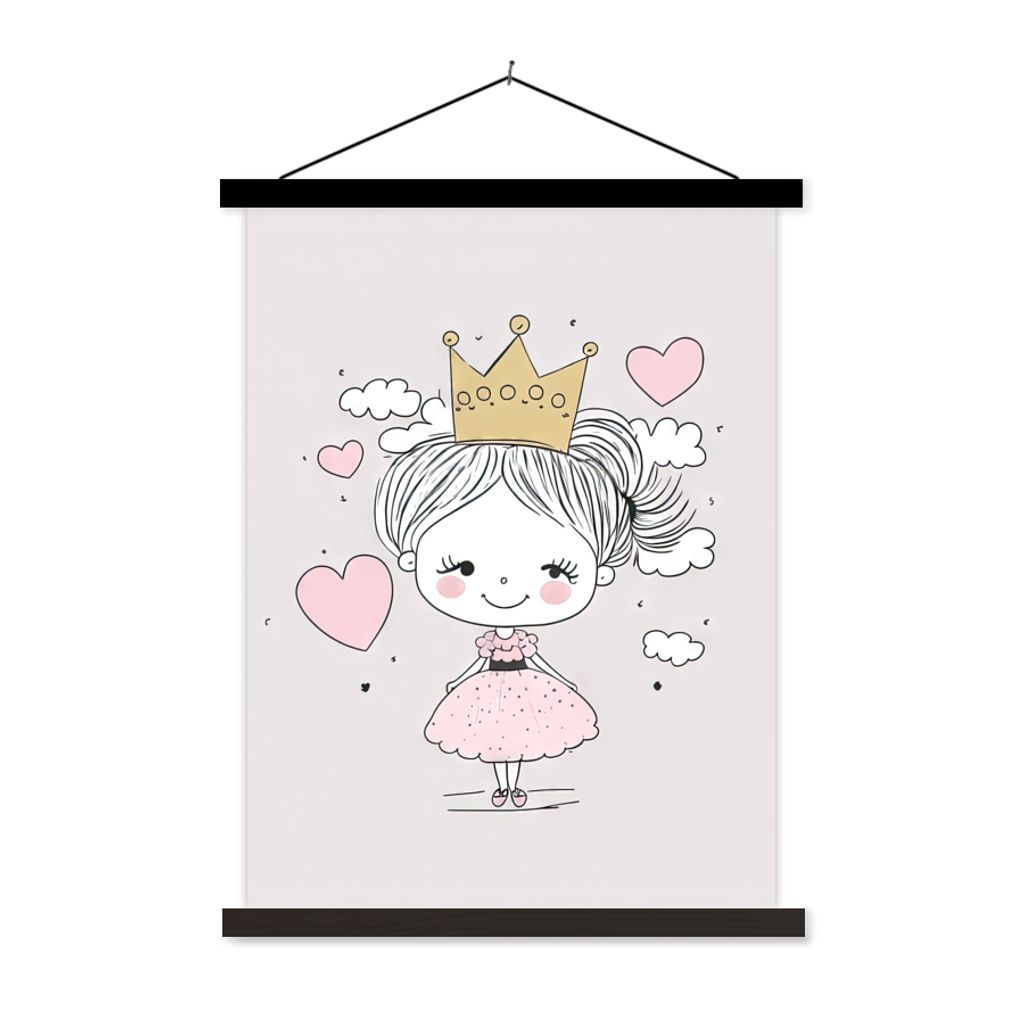 MuchoWow Textilposter Prinzessin - Krone - Rosa - Mädchen - Pastell 120x160 cm mit schwarzem Rahmen - Magnetischer