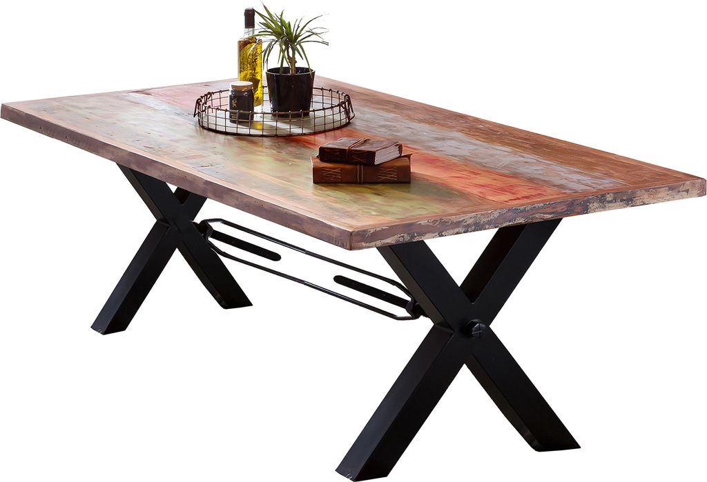 SIT Möbel Esstisch aus Altholz | 160 x 85 cm | Platte 40 mm bunt lackiert | X-Gestell antikschwarz | B 160 x T 85 x H 76,5 cm | 15100-11 | Serie T...