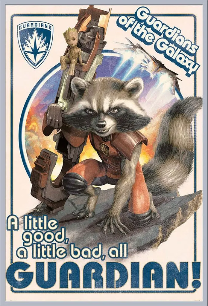 Affiche film spatial Rocket & Baby Groot cadre argenté brillant 61x91