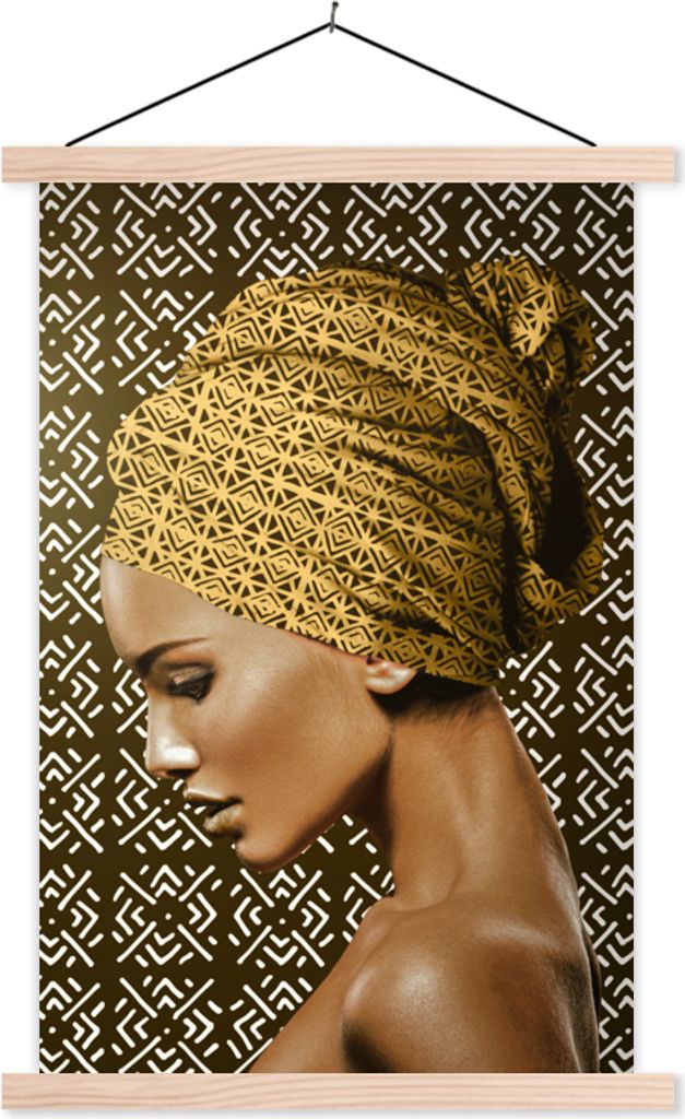 MuchoWow Textilposter Frau - Kopftuch - Schnittmuster 60x90 cm mit holzfarbenen Rahmen - Textil