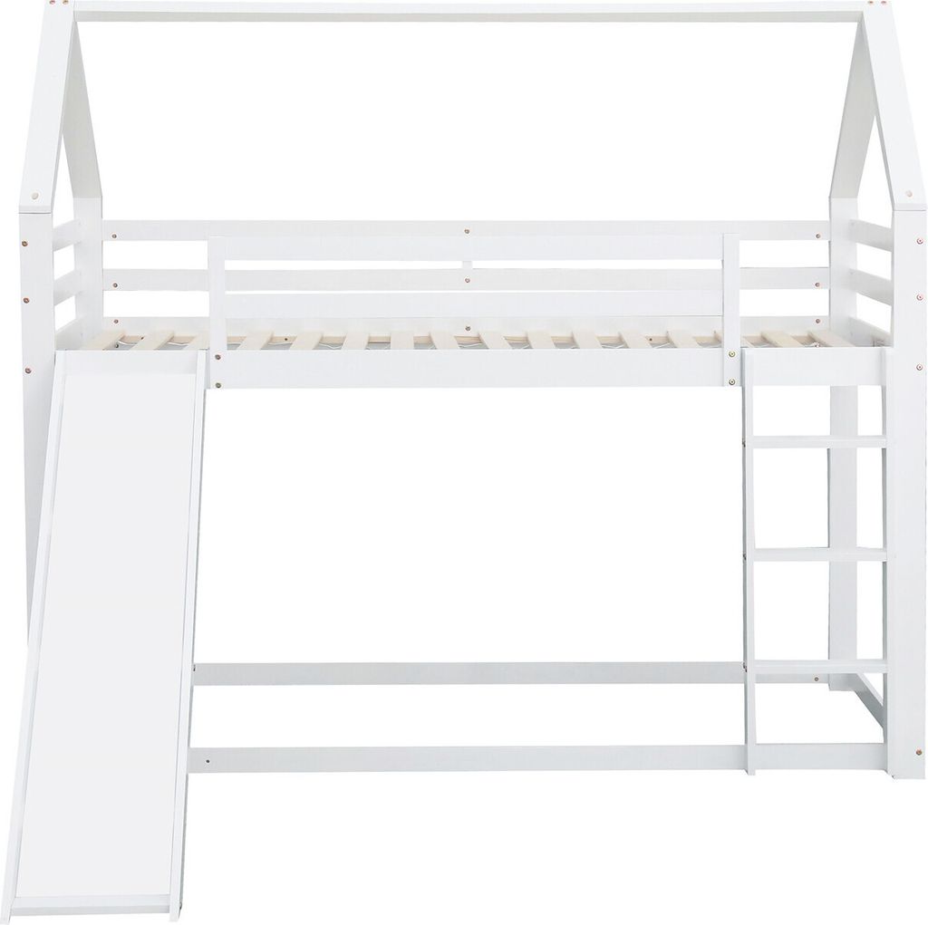 Einzelbett(Weiß,90x200cm)Kinderbett Hausbett Etagenbett mit Rutsche und Leiter