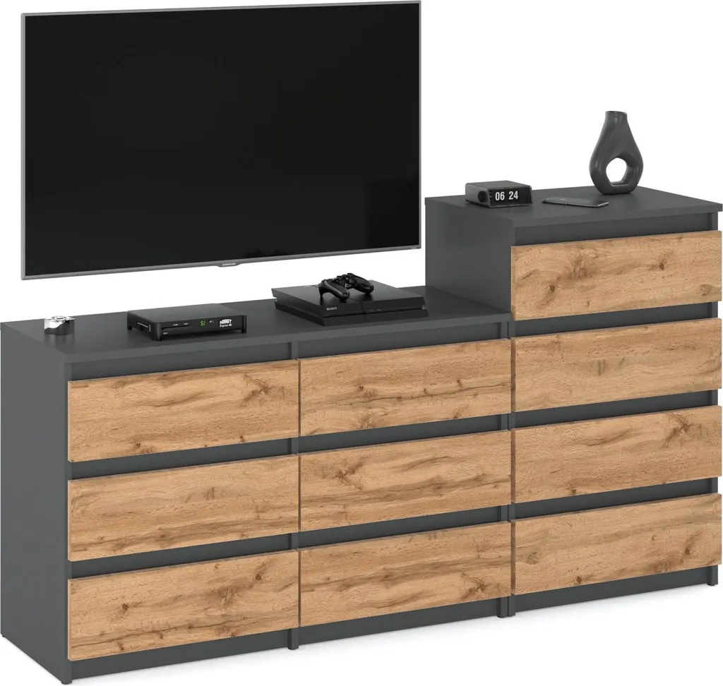 Commode de Rangement 160 cm Anthracite Mat et Finition Chêne Wotan