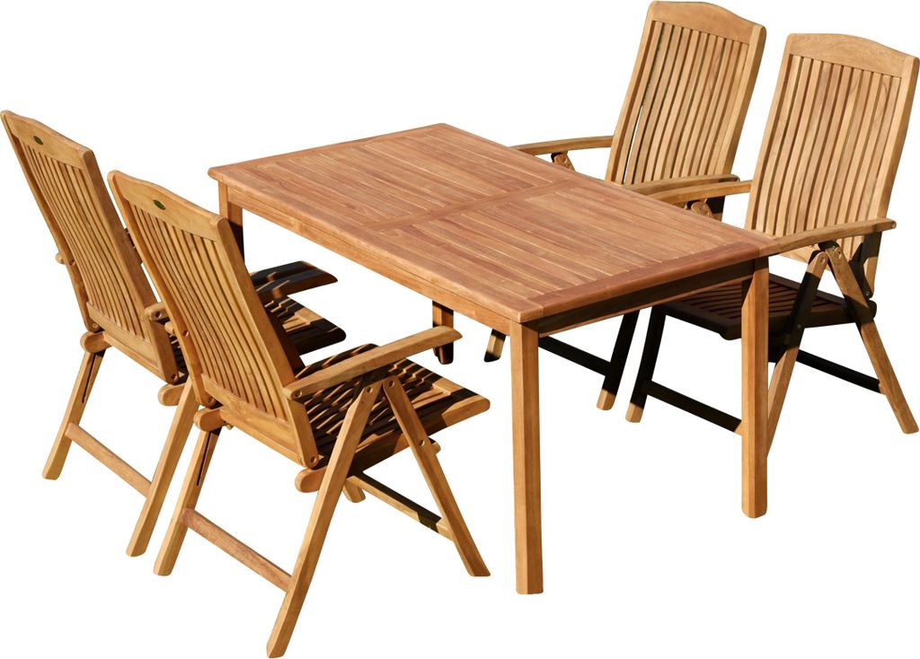 ALEOS. Teak Set Gartengarnitur Sitzgruppe Gartentisch Alpen Tisch 150x80 cm und 4 Tobago Hochlehner Sessel Gartengarnitur Gartenmöbel Gartenmöbel...