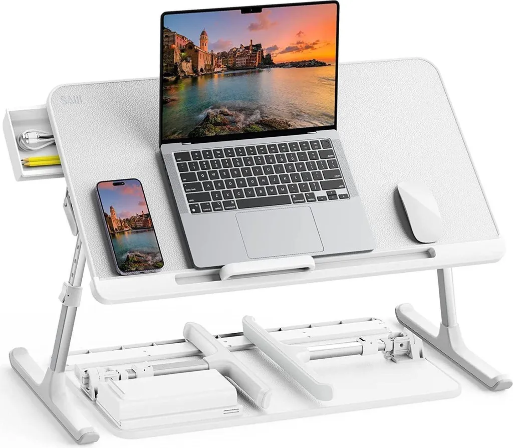 Table de Lit avec Plateau Bois PVC Cuir et Hauteur Ajustable Ergonomique