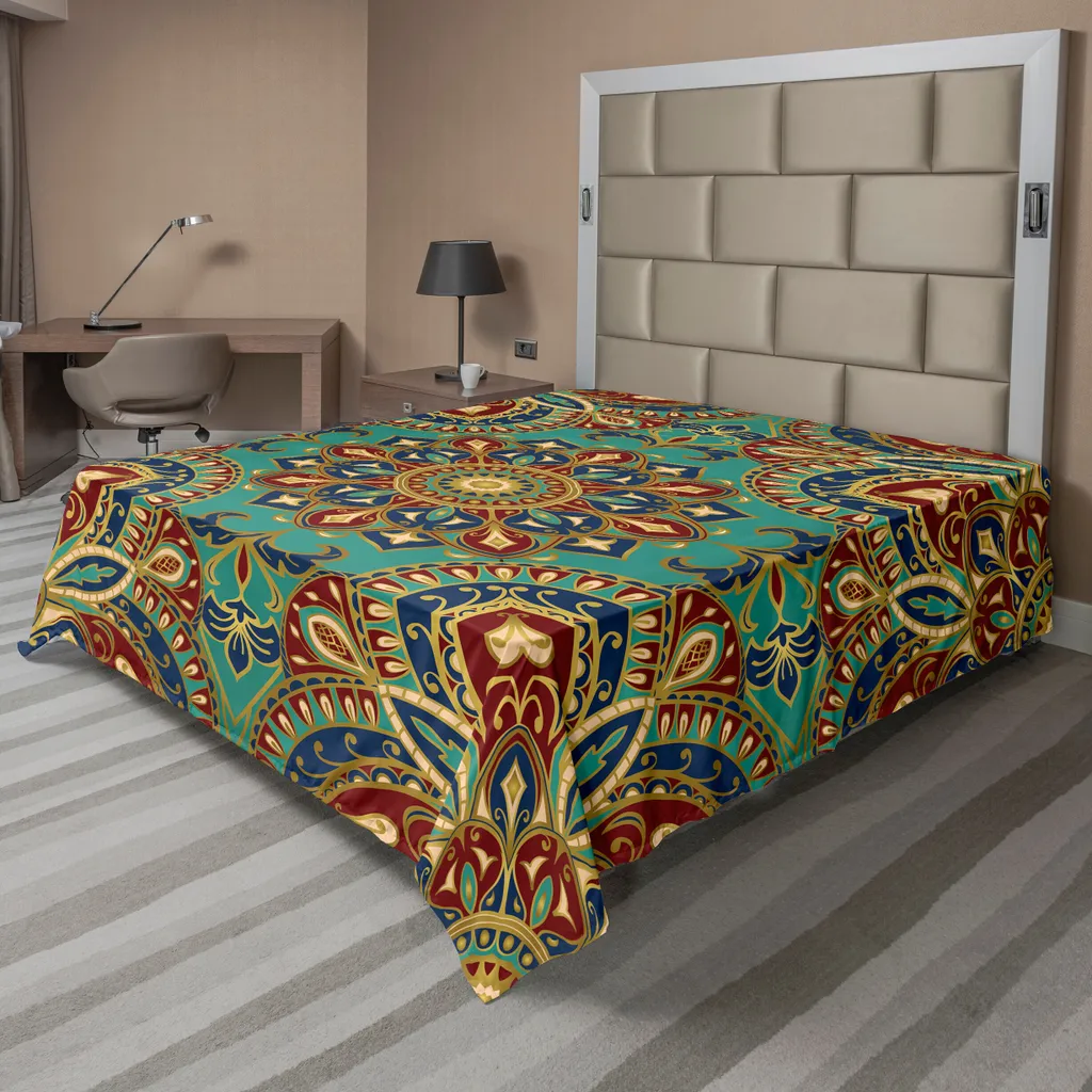 Drap de Lit Décoratif Mandala pour Chambre Parentale Bleu et Rubis