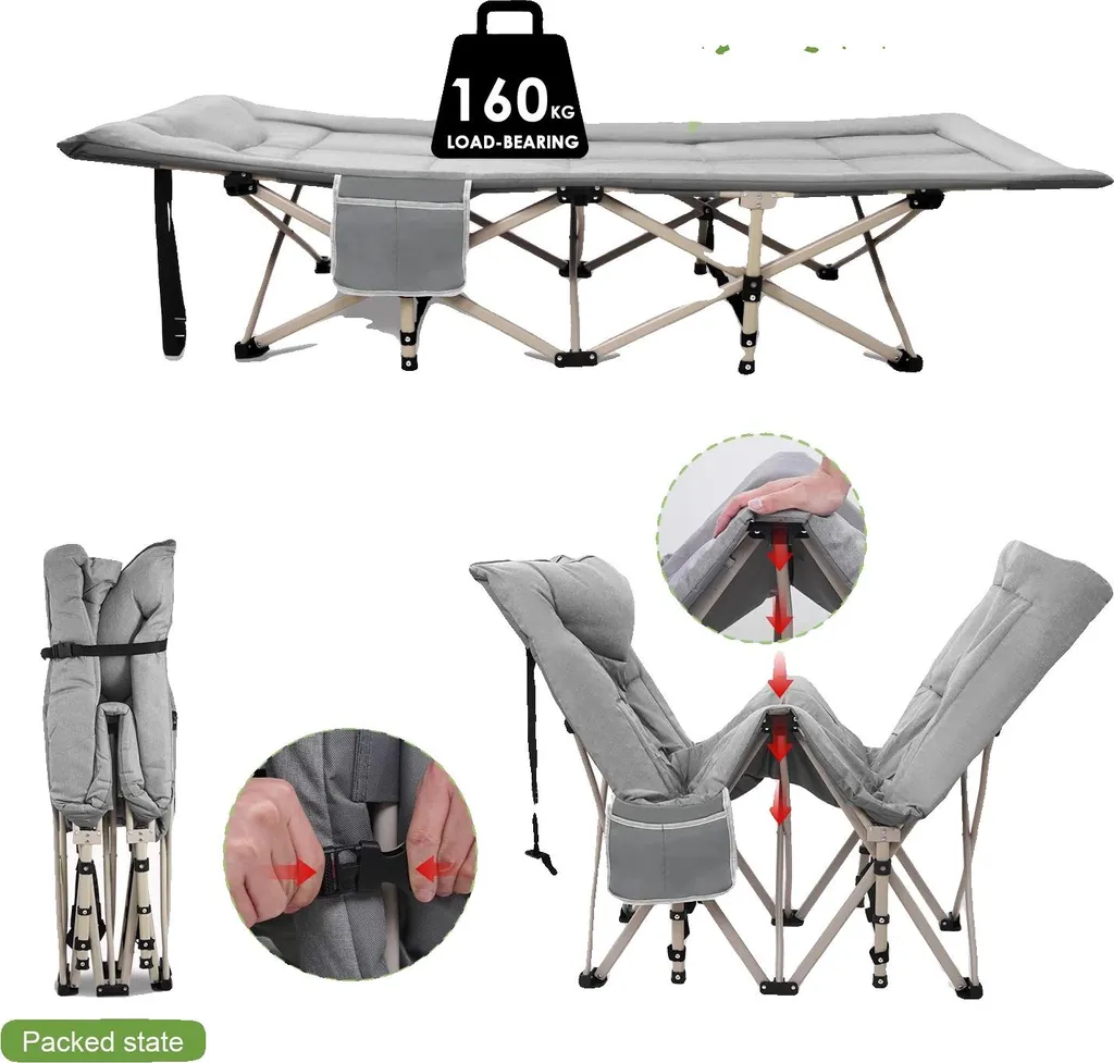 Lit de camp pliant portable pour adulte, structure métal gris clair XL