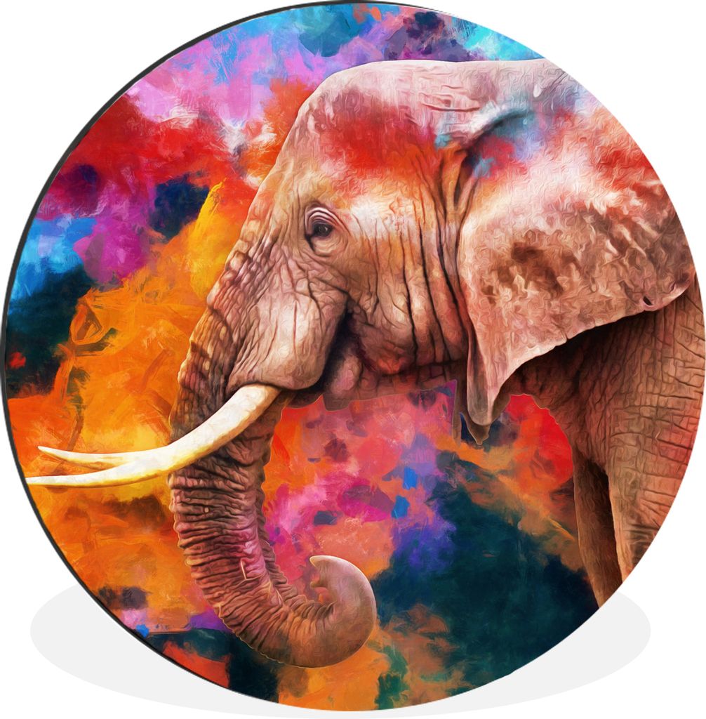MuchoWow Aluminium Wandkreis Gemälde - Öl - Regenbogen - Elefant Ø 90 cm Wanddeko Modern Wohnzimmer - Mauerkreis - Wandbilder - Runde Bild - B...