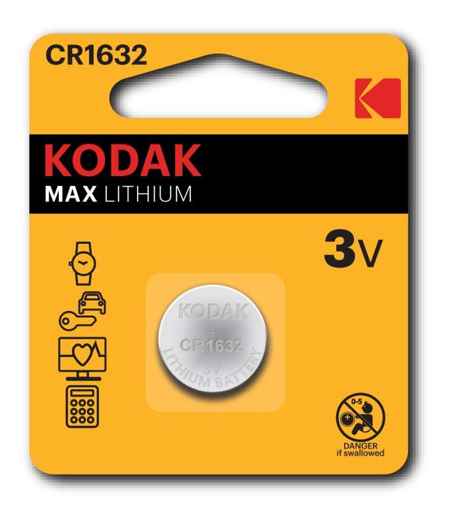A retail package for a KODAK Max Lithium CR1632 battery.