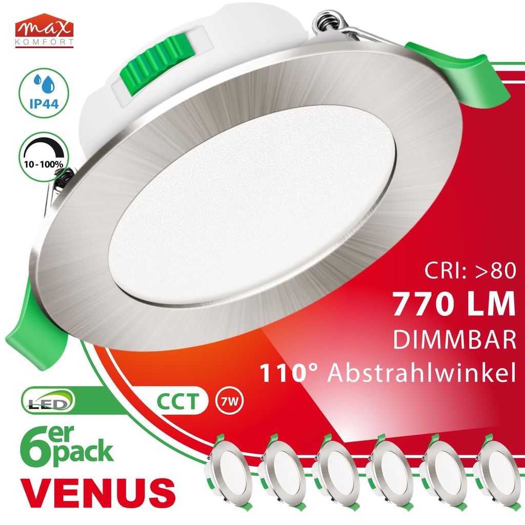6x LED Einbaustrahler VENUS 7W dimmbar IP44 – Edelstahl-Optik