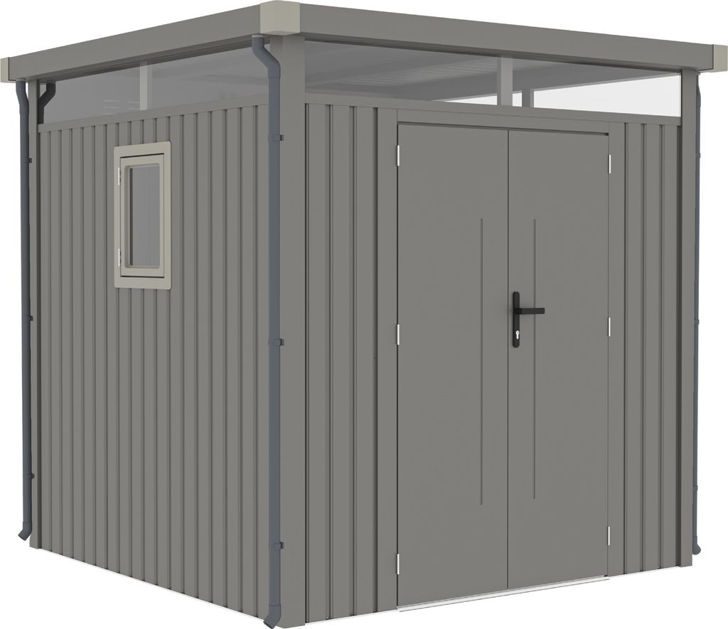 Rockford Gerätehaus Metall Geräteschuppen 230 x 230 cm Gartenhaus mit Flachdach inkl. Regenrohre Lagos 100 Grau