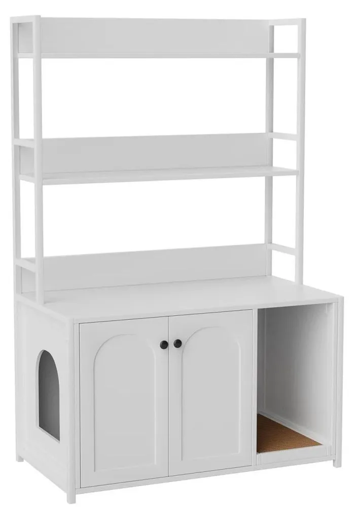Meuble litière chat avec portes coulissantes et étagères de rangement bois