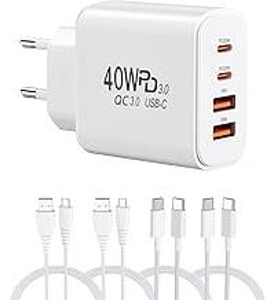 40W USB-Ladegerät mit 4 Kabeln, 2 USB-C + 2 USB-A Anschlüssen Wandladegerät für iPhone, Samsung, Android, iPad, Tablet - Kompakter Reise- und H...