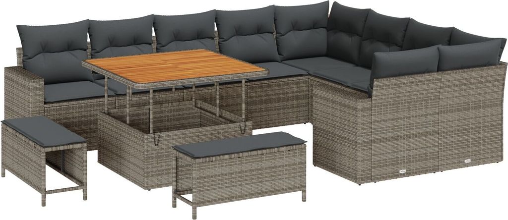Eleganten-Stil 12-teiliges Garten Sofa Set mit Kissen Grau Poly Rattan Akazie, 3-teiliges Garten Essset mit Kissen Grau Poly Rattan Akazie - Garten...