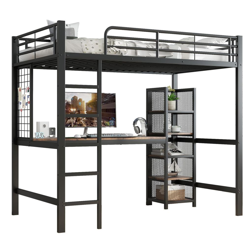 Hochbett mit Regal und Schreibtisch, 90x200 cm, Metallbett Produktbild 