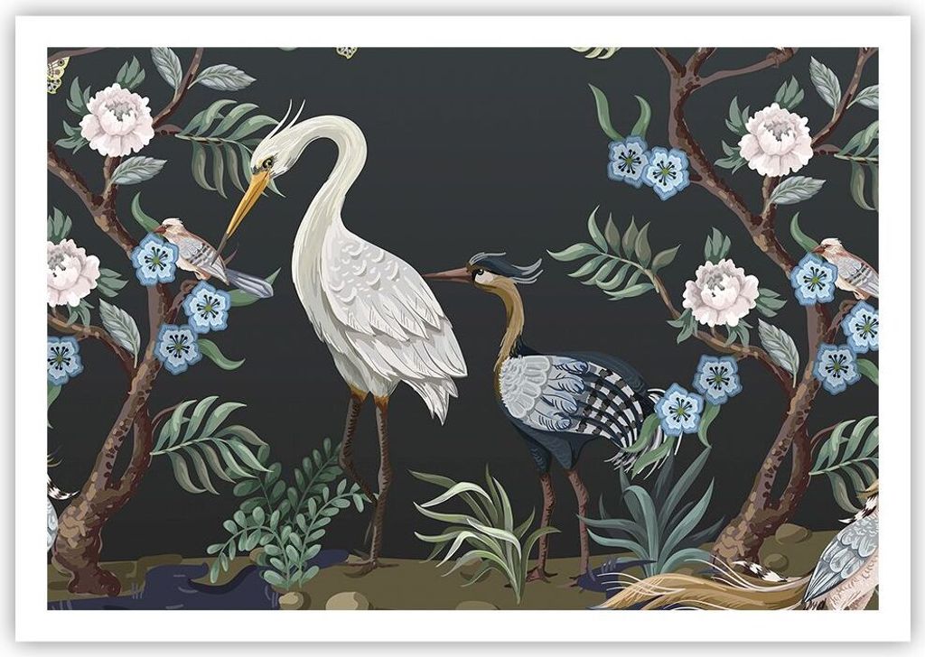 Poster - Poster ohne Rahmen - Asiatisch Reiher Blumen - 100x70 cm - Wand Bild - Wanddeko - Wandbilder - Kunstposter - Wandposter - Bilder - Kunstdr...