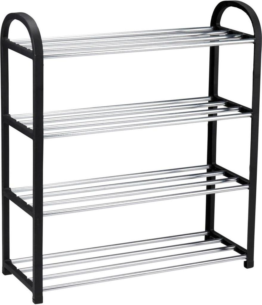 A four-tier shoe rack made of black metal frame and silver metal shelves.