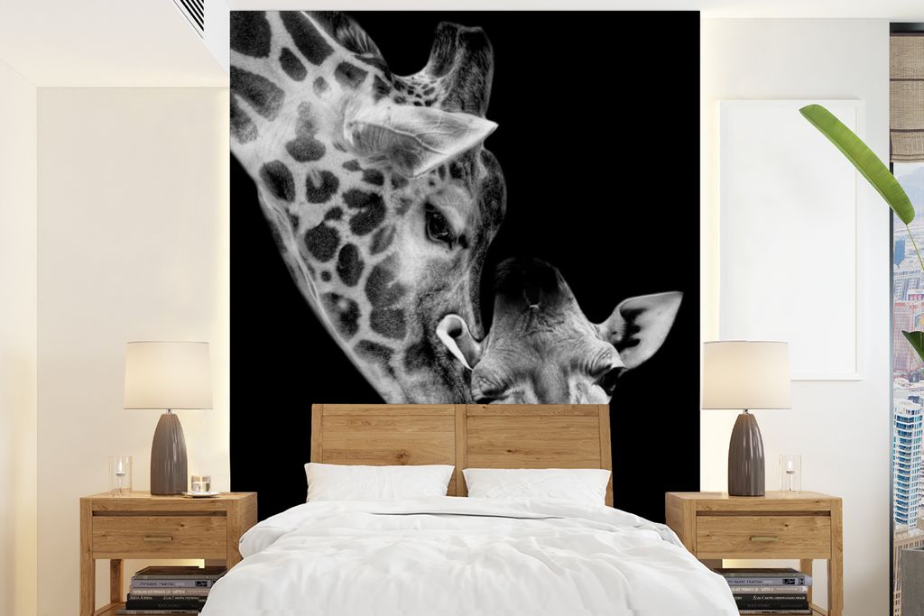 MuchoWow Fototapete für Wohnzimmer oder Schlafzimmer Wandtapete Vinyl Motivtapete Porträt - Giraffe - Tiere - Schwarz - Weiß - 165x220 cm - Wa...