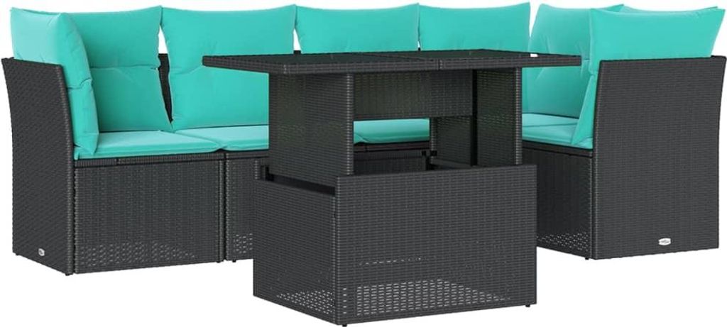 6-teiliges Gartensofa-Set mit Kissen, schwarzes Polyrattan